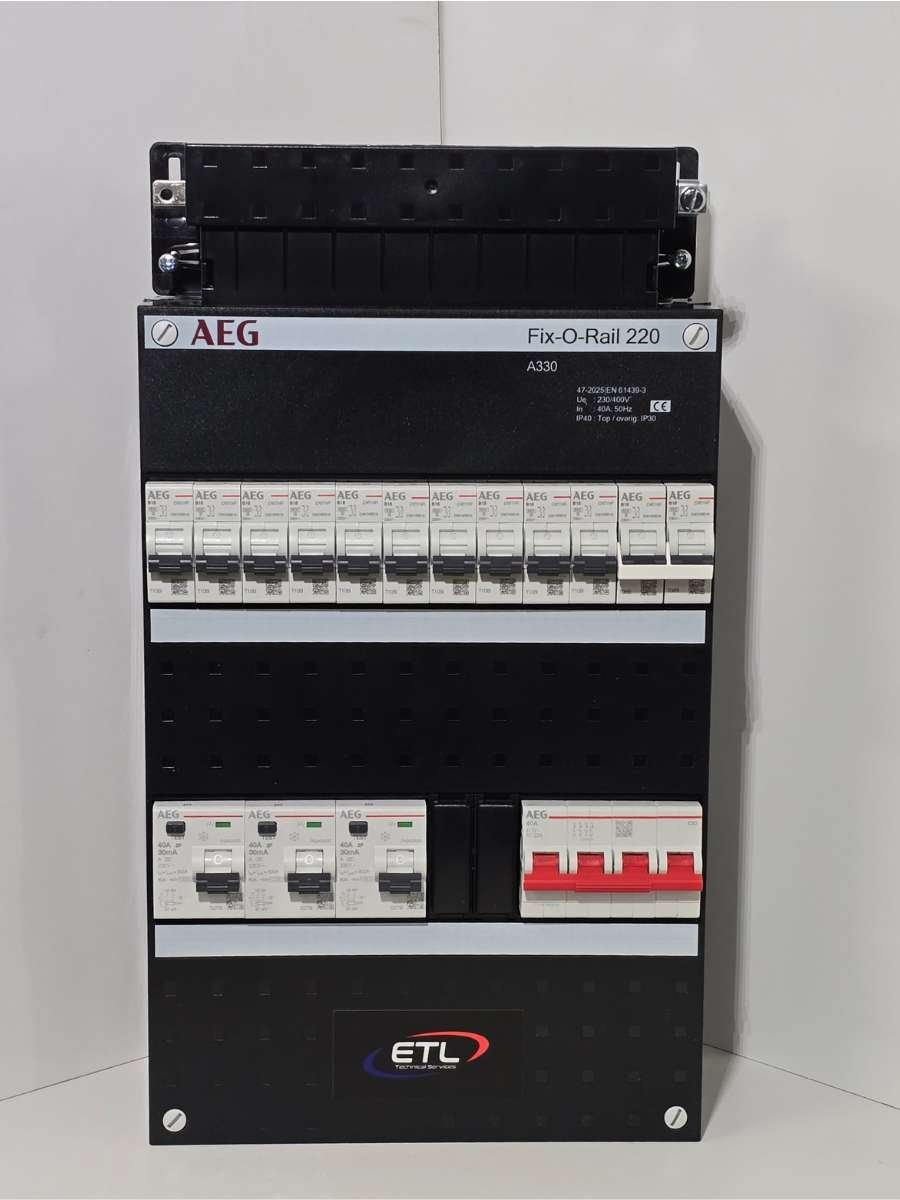 AEG Fix-O-Rail groepenkast met hoofdschakelaar en aardlekschakelaars.